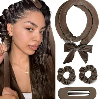 4 pièces de Bigoudis Sans Chaleur, Peuvent Être Portés Pour Dormir Sans Chauffage, Ruban Super Doux Enroulé Pour Cheveux Longs, Inclut des Attaches et des Pinces à Cheveux café