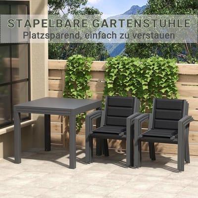 Tuinmeubelset 4 Personen 80/160x80 cm Uittrekbare Tuintafel met 4 Stapelbare Stoelen – Aluminium Weerbestendig Balkonset Terrasset Donkergrijs – Laura