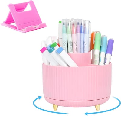 360° Draaibare Desk Organizer met 5 Slots voor Pennen, Make-upkwasten en Telefoonstandaard - Ideaal voor Bureau Accessoires en Kunstbenodigdheden