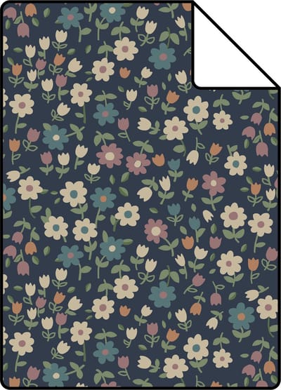 Proefstaal ESTAhome behang bloemetjes donkerblauw, lila roze en vergrijsd groen - 26.5 x 21 cm - 139471-S