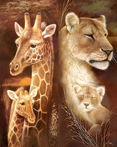 Diamond painting 2 luik - Giraffe en leeuw - 2x 30x70cm - ronde steentjes - volledig beplakt - Diamond painting by Wietske