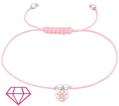 Joy|S - Zilveren hartje bedel armband - kat hond dieren poot bedel sterling zilver 925 - roze koord - poot afdruk