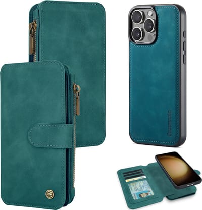 Casemania Hoesje Geschikt voor Apple iPhone 16 Pro - Emerald Green - 2 in 1 Magnetic Book Case met Rits