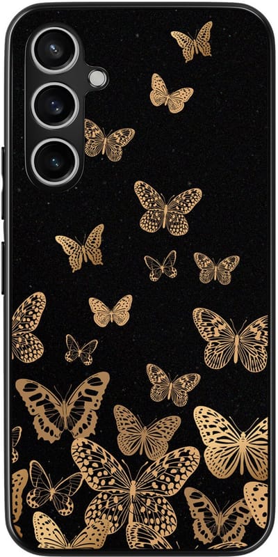 Leuke Telefoonhoesjes - Hoesje geschikt voor Samsung Galaxy S23 FE - Vlinders - Backcover zwart - Print / Illustratie - Zwart, Goud