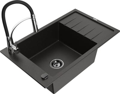 Mexen Elias granieten gootsteen 1-komorige met afdruiprek en keukenmengkraan Aster, zwart/goud metallic - 6511-75-73450-07-B