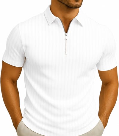 Aansluitende Heren Poloshirt - Wit Gestreept - Rits - Polo Shirt