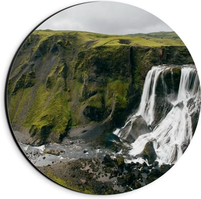 Dibond Wandcirkel - Watervallen bij Begroeide Rotsen - 20x20cm Foto op Aluminium Wandcirkel (met ophangsysteem)