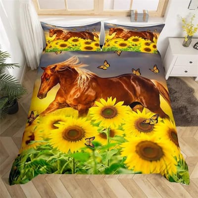 3D Paard Dekbedovertrek King Queen Size Gele Zonnebloem Beddengoed Set Bloemen Dieren Thema Quiltovertrek Wilde Dieren Zacht Dekbedovertrek 135X200cm-2pcs yellow