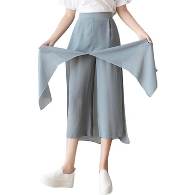 Damesrokbroek Elastische Verhoogde Taille Wijde Pijpen Culotte Effen Kleur Nep Tweedelig Chiffon Lange Broek Dagelijkse Kleding B Praktisch Gebruik S