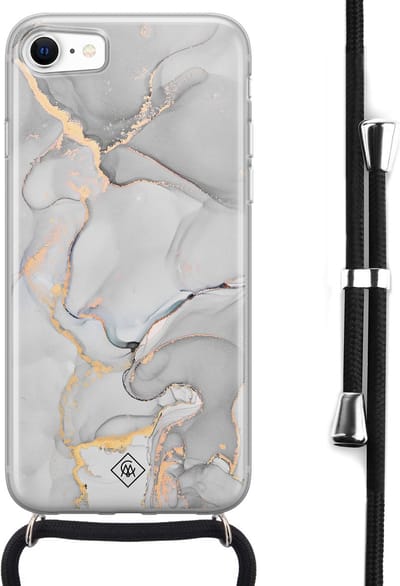 Casimoda® hoesje met koord - Geschikt voor iPhone SE (2020) - Marmer Grijs - Afneembaar koord - Siliconen/TPU - Grijs