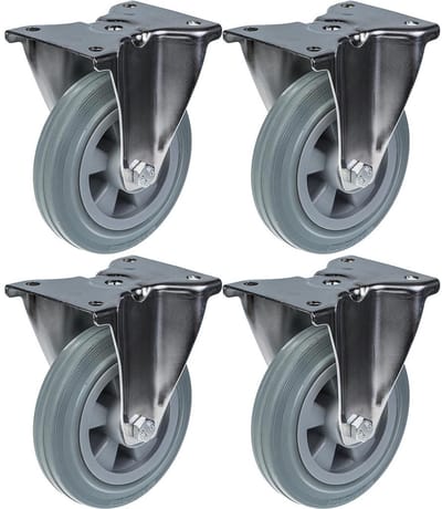 160 mm (6") roestvrijstalen zwenkwiel met grijs rubber, vast, 540 kg, set van 4
