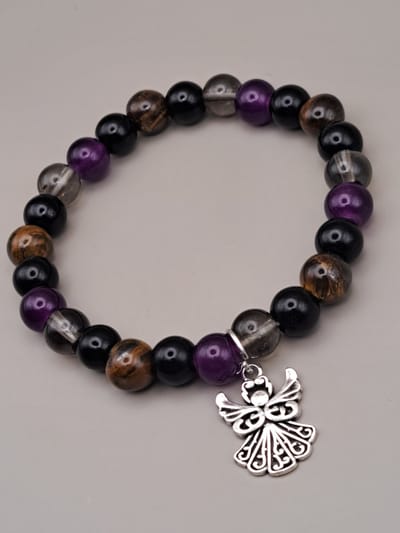 Natuursteen armband - Edelsteen armband - Tijgeroog, Onyx, Amethist armband - Kralen armband - Edelstenen armband met Engeltje - Geluksengel armband -Edelsteen