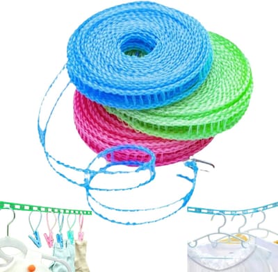 3-delige set - Antislip en winddichte waslijn - Waslijn in hekstijl - Waslijn voor het drogen van dekens - Waslijn voor buiten zonder boren - 8 meter - Roze, lichtgroen, blauw - Uitschuifbaar - Geschikt voor buiten, tuin en camping