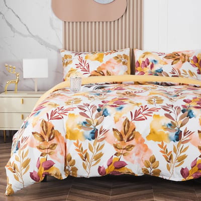 Beddengoedset met lentebloemen en bladerpatroon, 1 x dekbedovertrek van 220 x 240 cm, met 2 kussenslopen van 80 x 80 cm en ritssluiting, zachte 100% microvezel beddengoed, modern