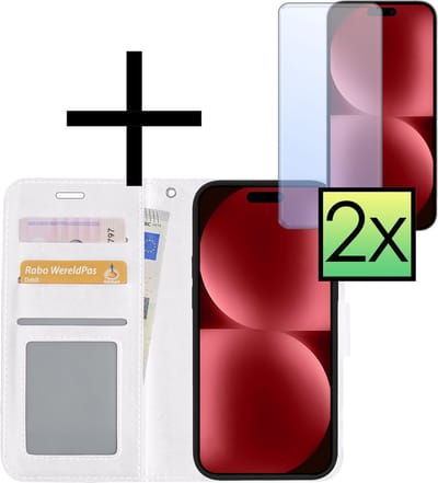 Hoesje - Met 2x Screenprotector - Geschikt voor Apple iPhone 15 - Luxe Pasjeshouder - Bookcase Portemonee - Flip Case - Kunstleer Book Case - Flipcase Hoes - Book Cover - Walletcase - Portemonneehoes - Wit