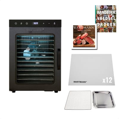 Wartmann Voedseldroger Set - 12 Laags Droogoven - Dehydrator - Dubbelwandig RVS - Vaatwasserbestendige Onderdelen - Ruime Capaciteit - Met 12 Siliconen Droogmatten - Inclusief Handboek Voedseldrogen - Nikkelvrij - Stil - WM 2512