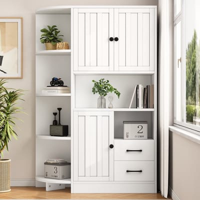 Sweiko Boekenkast - Hoekkast - 2 laden - Vitrinekast - 14 opbergvakken - Dressoir - Wit