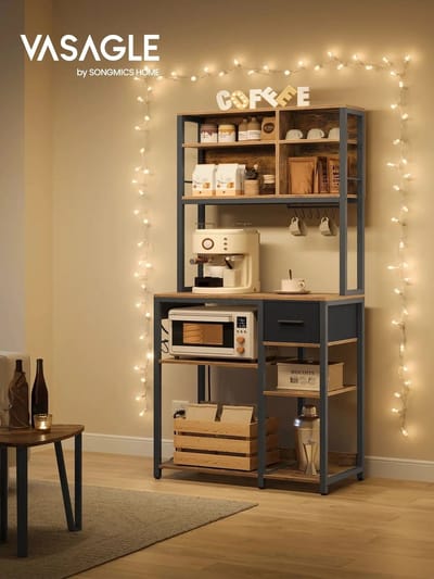 Multifunctioneel 7 Laag Inkt Zwart Staal Keuken Rek Magnetron Kast- Verstelbare Planken & Lade & 6-S Haken Bruin Eik Houtspaanplaat 40x80x180,4cm 22,8 kg- Opbergrek - Stellingkast Berging Laadvermogen 150Kg- Werk Oppervlak40x80cm 50Kg Haak 5Kg Garage