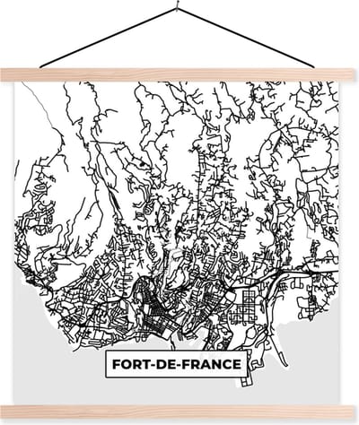 Posterhanger incl. Poster 40x40 cm - Schoolplaat - Frankrijk Fort-de-France - Plattegrond - Stadskaart - Kaart - Zwart wit - Textielposter - Blanke latten - Stadskaart