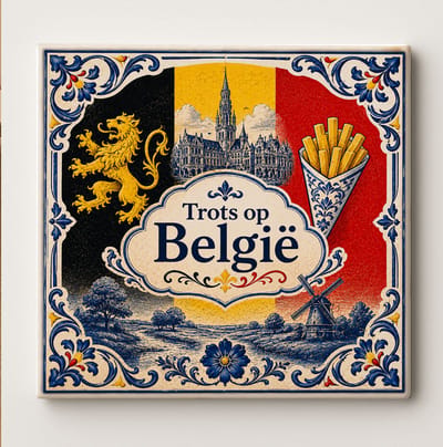 Trots op België Decoratieve Keramische Tegel – Belgische Vlag Leeuw Frietjes en Stad Design – Zwart Geel Rood Wanddecoratie Tegel – Vaderlands Woondecoratie Cadeau