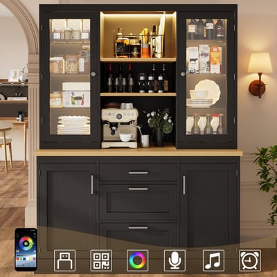 Keukenkast - 185x140x40 cm - Keukenkast met LED App Verlichting + 3 Lades + Verstelbare Planken + Werkblad - Opbergkast Keuken - Zwart / Wit / Groen