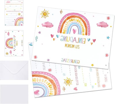 Kleurrijke Verjaardagsuitnodigingen voor Kinderen, Jongens en Meisjes, Regenboogthema, Feestuitnodigingen, Persoonlijke Uitnodigingen (14.8 x 10.5 cm)