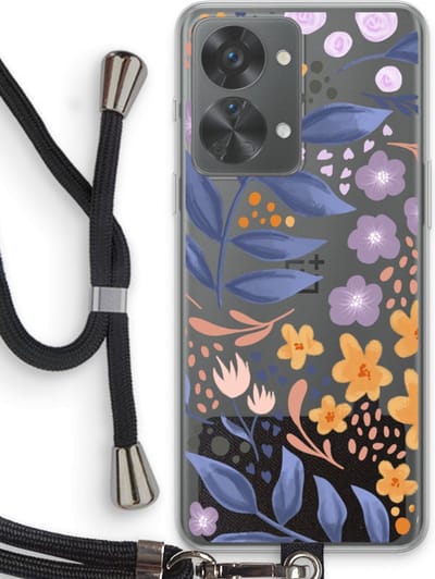 Case Company® - Hoesje met koord geschikt voor OnePlus Nord 2T hoesje met Koord - Flowers with blue leaves - Telefoonhoesje met Zwart Koord - Bescherming aan alle Kanten en Over de Schermrand