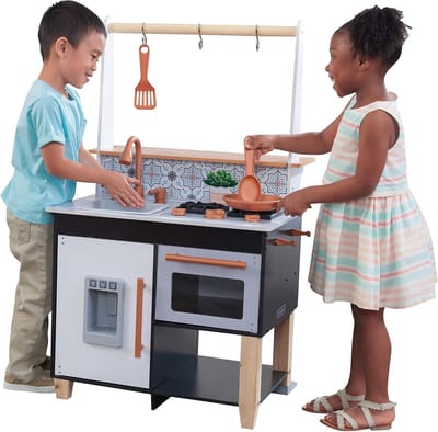 Speelkeuken - Houten Keuken - Kinderspel - Werkende Ijsmachine - 60x50x69cm - Zwart Wit