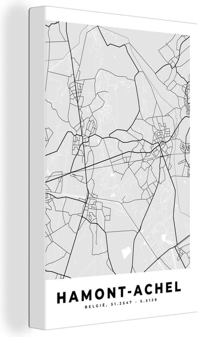 Canvas Schilderij België – Hamont Achel – Stadskaart – Kaart – Zwart Wit – Plattegrond - 20x30 cm - Wanddecoratie
