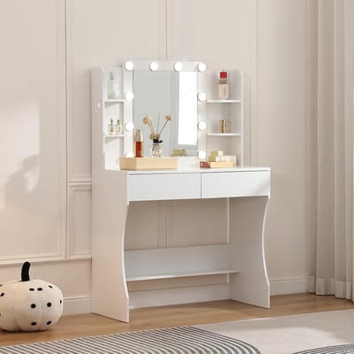 Kaptafel met Spiegel - Make-up Tafel - Slaapkamer Meubel - Verstelbare Verlichting - 40x85x132 cm - Wit