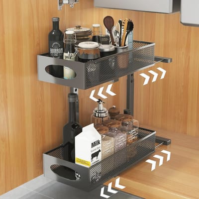 Keukenorganizer voor onder de gootsteen met 2 niveaus en verstelbare hoogte - Zwart