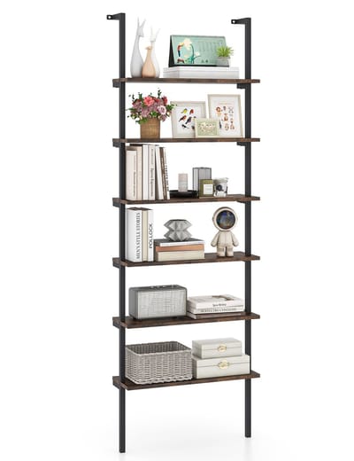 COSTWAY Ladderrek met 6 verdiepingen, wandgemonteerde boekenkast met metalen frame, open tentoonstellingsrek in industriële stijl voor woonkamer, slaapkamer en thuiskantoor (bruin)