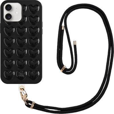 xoxo Wildhearts Heartbreaker Black Cord Case - Geschikt voor iPhone 11 - Heart case met telefoonkoord - Hoesje met 3D Hartjes patroon - Case met hart - Verstevigde backcover met afneembaar koord - Hartjes patroon - zwart