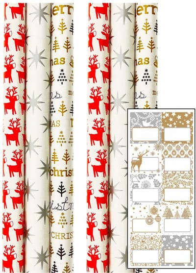 Kerstmis cadeaupapier - Kerstpapier inpakpapier voor Kerst - 200 x 70 cm - 6 rollen en naametiketten