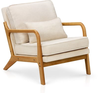 COLAMY midcentury fauteuil — met lendenkussen — massief houten frame — beige