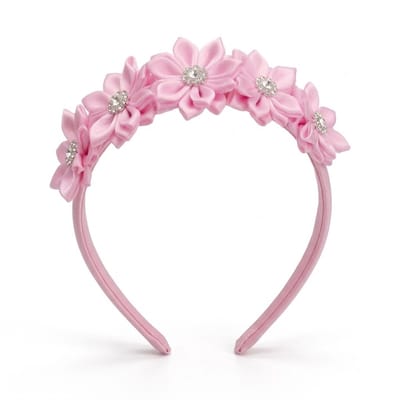 Roze satijnen haarband dames met bloemen en strass – elegante haaraccessoire met bloemdecoratie