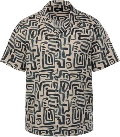 Men Plus - Heren - Linnenmix-overhemd korte mouw Cubaanse kraag all-over print - Lichtbeige - Maat 3XL
