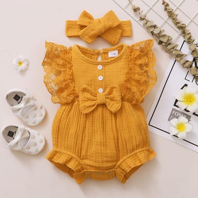 0-18 Maanden Pasgeboren Baby Meisje Effen Zachte Romper Kant Wijde Mouw Zomer Romper met Hoofdband Peuter Baby Meisje Kleding 3-6M orange
