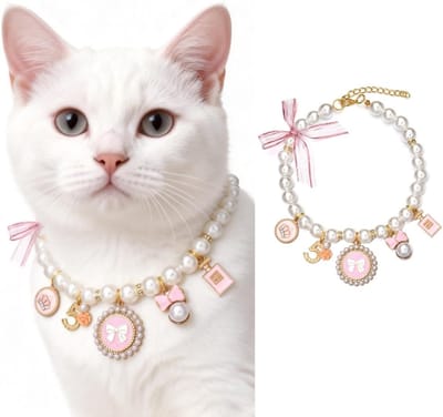 Halsband voor huisdieren - Met strikkroonhanger - Huisdierbenodigdheden - Decoraties - Parelketting voor katten en honden - 25-30 cm - Modieus - Elegant accessoire - Geschikt voor verjaardagsfeestjes en fotoshoots van katten en honden - Maat M - Roze