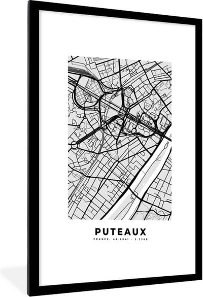 Fotolijst incl. Poster - Frankrijk - Plattegrond - Kaart - Puteaux - Stadskaart - 60x90 cm - Posterlijst