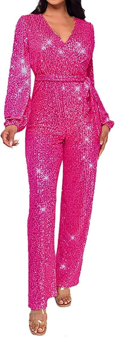 Dames Jumpsuit Glitter - Elegante Broekpakken - Feestelijke Gelegenheden - V-hals en Wijde Pijpen - Lange Mouwen - Zwart