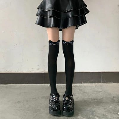 Kawaii Cartoon Kat Panda Dijhoge Sokken Over de Knie Elastische Kousen Dames Meisjes Herfst Winter Effen Kleur Warme Panty's Schattig One Size black