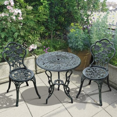 MEUNIQ Bistroset 3-delig 2-zits met ronde tafel en 2 stoelen van aluminium in antiek groen voor balkon, terras of tuin