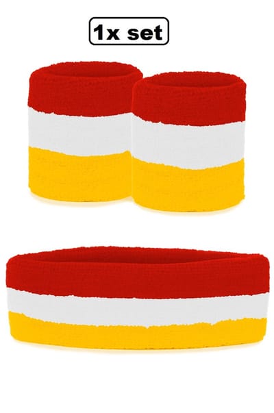 Zweetbandjes set rood/wit/geel 3-dlg- Carnaval sport zweetband thema feest optocht festival