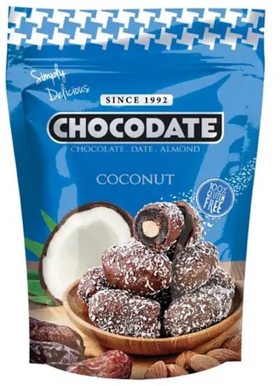 Chocodate chocolade - kokosnoot - Met dadel en amandel 90g Handgemaakte traktatie ( Glutenvrij ) - Chocodate Exclusive - Coconut - With date and almond Handmade treat (Gluten free) 90 g - Nieuwe Trend Uit Dubai !