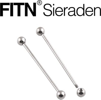 FITN-TBBIND-Titanium Industrial Piercing -Zilver Kleurige-1.6*38*5mm-Barbell Piercing-Oor-Lip-Navel-Tong Piercing