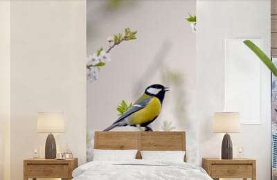 Behang - Fotobehang Vogel - Koolmees - Bloemen - Bloesemboom - Breedte 120 cm x hoogte 240 cm