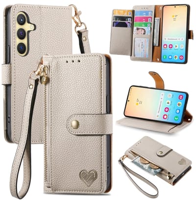 Voor Samsung Galaxy S24+ 5G Love Rits Lanyard Lederen Telefoonhoesje (Grijs)