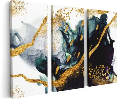 Artaza Canvas Schilderij Drieluik Abstracte Kunst - Zwart Wit met Gouden Strepen - 120x80 cm - Wanddecoratie Woonkamer - Schilderijen - Muurdecoratie