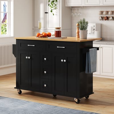 MODFU - Keukentrolley - Uitklapbaar Werkblad En Veel Opbergruimte - Modern - Voor Keuken - MDF - Zwart En Naturel - 140 x 40/65 x 89 cm